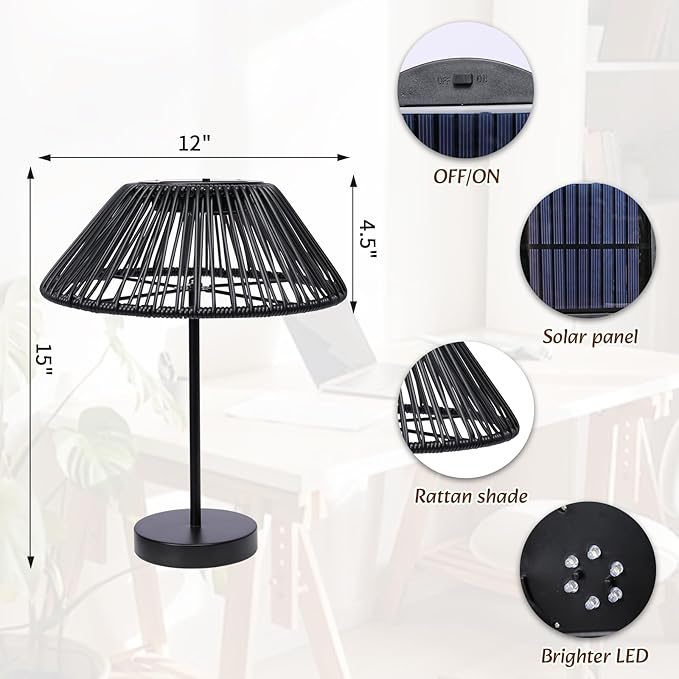 Solar Table Lamp Outdoor Solar Table Lamps Rattan Waterproof LED Lights Outdoor Lamps for Patio Garden Yard Bedroom Living Room Tabletop Outside