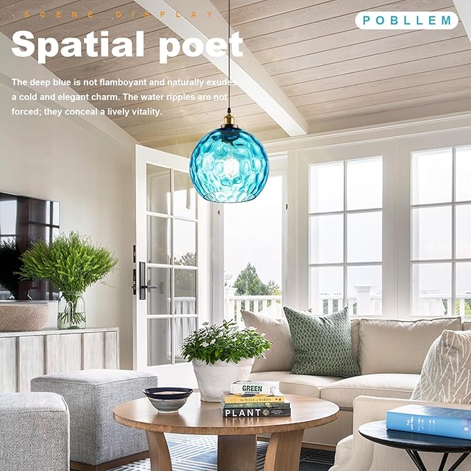 Globe Hanging Light Fixture with Plug in Cord, Blue Coastal Pendant Lighting Plug in, 13.8" Large Hammered Glass Hanging Swag Lamp for Kitchen Dining Room Living Room Bedroom