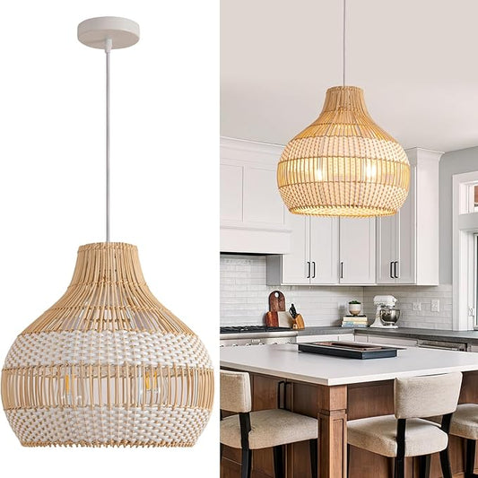 14.56" Rattan Pendant Light Fixture,2-Light Hand-Woven White Wicker Basket Chandelier 1-Pack Boho Faux Rattan Hanging Lamp,for Dining Living Bedroom Kitchen