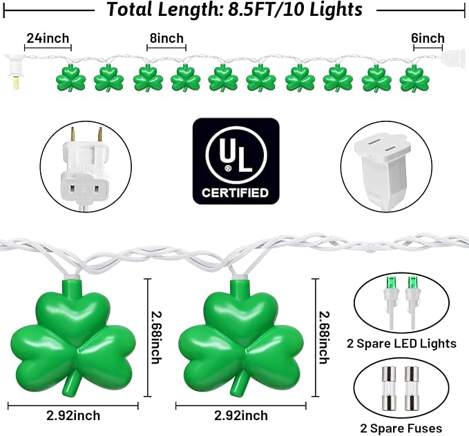 St Patricks Day Decorations Shamrock String Lights, 8.5FT Green Lucky Clover String Lights Waterproof with 10 Green LED Lights for Indoor Outdoor St. Patrick's Day Party Decorations, White Wire