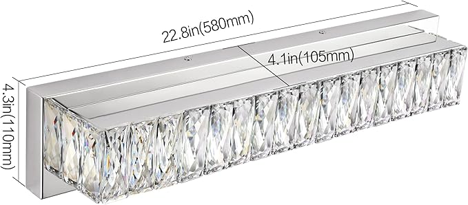 ZUZITO Crystal Bathroom Light Fixtures Over Mirror, 22.8in Modern LED Vanity Lights for Bath, Chrome Stainless Steel Bathroom Lighting, 6000K Bright White Light