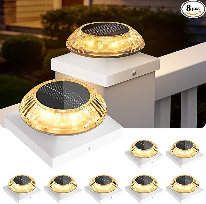 VOLISUN Solar Post Cap Lights 8pack, White Solar Fence - Post Lamps Outdoor Waterproof, with Warm/Natural/Cool Light,for 4x4 Wooden/Vinyl