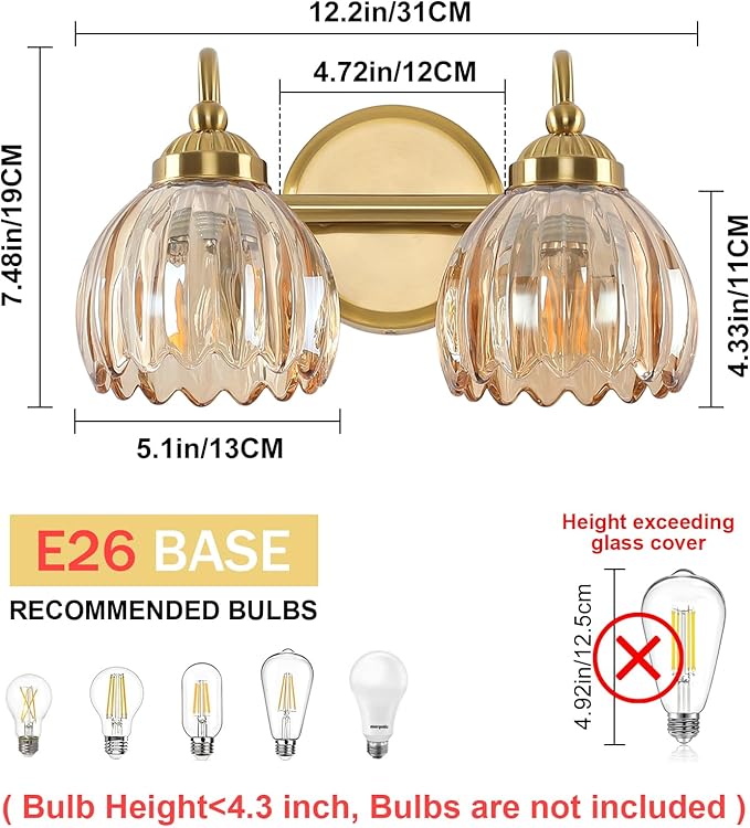 Vintage Bathroom Light Fixtures, Brass Vanity Lights with Amber Tulip Glass Shade, Vanity Sconces for Bathroom Bedroom Living Room Hallway, 2-Light