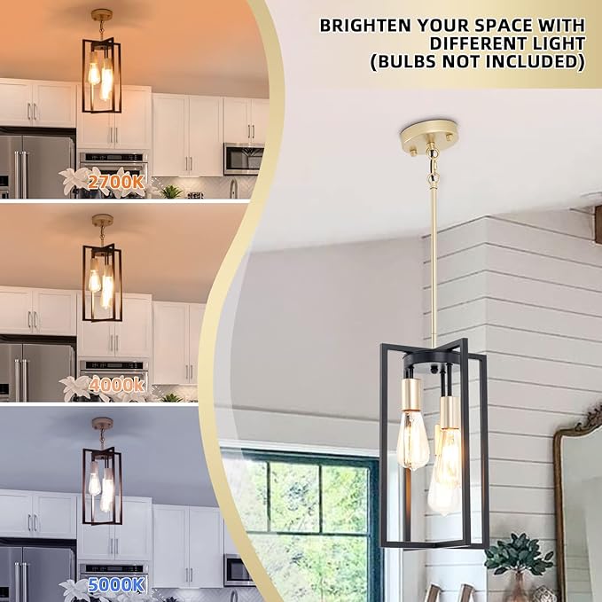 Industrial Farmhouse Pendant Lights,Rectangle 3-Light Modern Black and Golden Chandelier,Geometric Metal Cage Adjustable Rods Pendant Lighting Fixture for Kitchen Island Dining Room Living Room Foyer