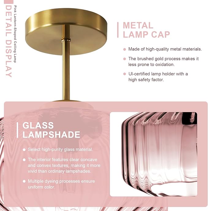 Modern Semi-Flush Mount Light Fixture Blush Pink Ceiling Lamp with Brushed Gold Base, Bedroom Light Fixture for Girls Bedroom, Nursery, Master Suite Hallway