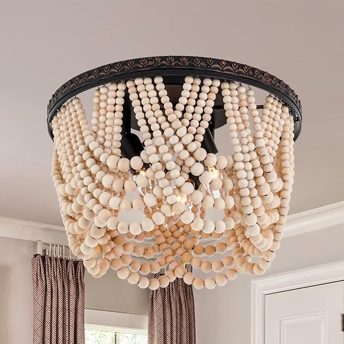 Boho Wood Beaded Chandelier, Bohemia 3 Lights Flush Mount Ceiling Light Fixtures with Engraving Pattern, Farmhouse Chandeliers for Living Room Passway Foyer Entryway Hallway Nursery, Oil Rubbed Bronze