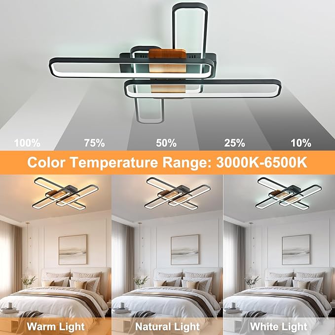 37.4" Modern LED Ceiling Lights with Remote Control 160W Dimmable Wood Ceiling Light Chandeliers, 3000K–6500K Large Close to Ceiling Lighting Fixture for Living Room Bedroom Kitchen