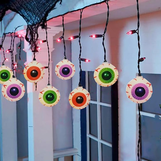 Halloween Eyeball Curtain String Lights Plug in, 7FT Outdoor Halloween Decorations Lights with 10 LED Spooky Eyeball Lights & 15 Mini Purple Bulbs for Window Wall Party Haunted House Patio Decor