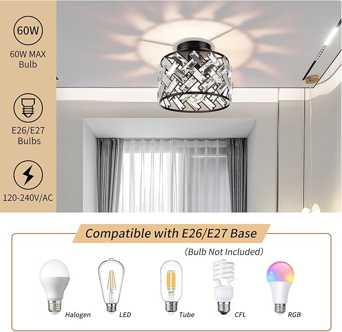 FRIDEKO HOME Crystal Light Fixture Ceiling Mount - Black Hallway Light Fixtures Crystal Semi Flush Mount Ceiling Lights for Kitchen Bedroom Bathroom Entryway（8.86 Inch, Bulb not Included）