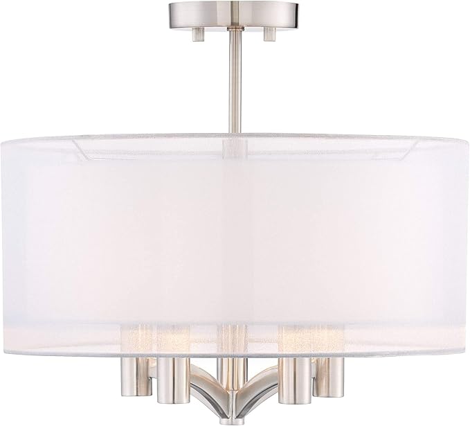 Possini Euro Design Caliari Modern Ceiling Light Semi Flush Mount Fixture Brushed Nickel 18" Wide 5-Light Sheer Silver White Linen Double Drum Shade for Bedroom Kitchen Living Room Hallway Bathroom