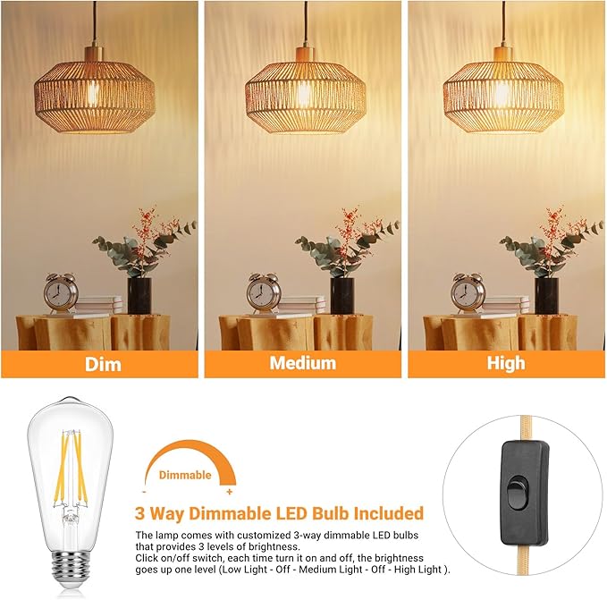 Qingmiao Boho Plug in Pendant Light, Rattan Hanging Lamp Plug in with Woven Shade, 3-Way Dimmable Hanging Light Fixture for Living Room Bedroom Kitchen Ceiling Farmhouse Home Decor