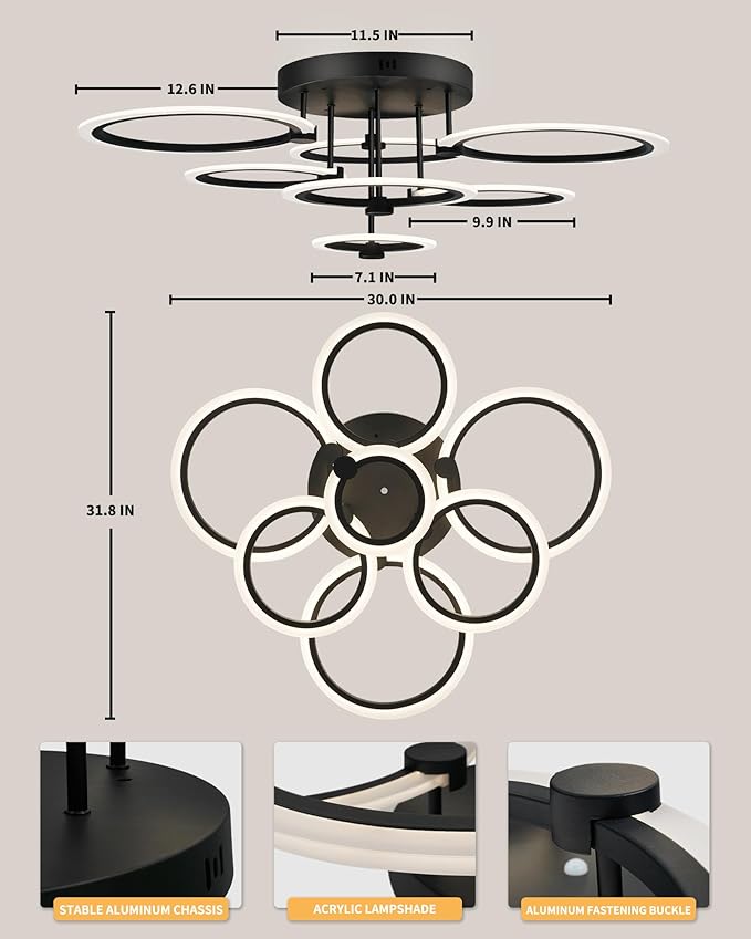 Smart LED Ceiling Light, 7-Ring Modern Flush Mount Fixture, 130W Dimmable 3000K–6500K, WiFi Alexa & App Control, Black Ceiling Light for Living Room Bedroom Kitchen (31.8")