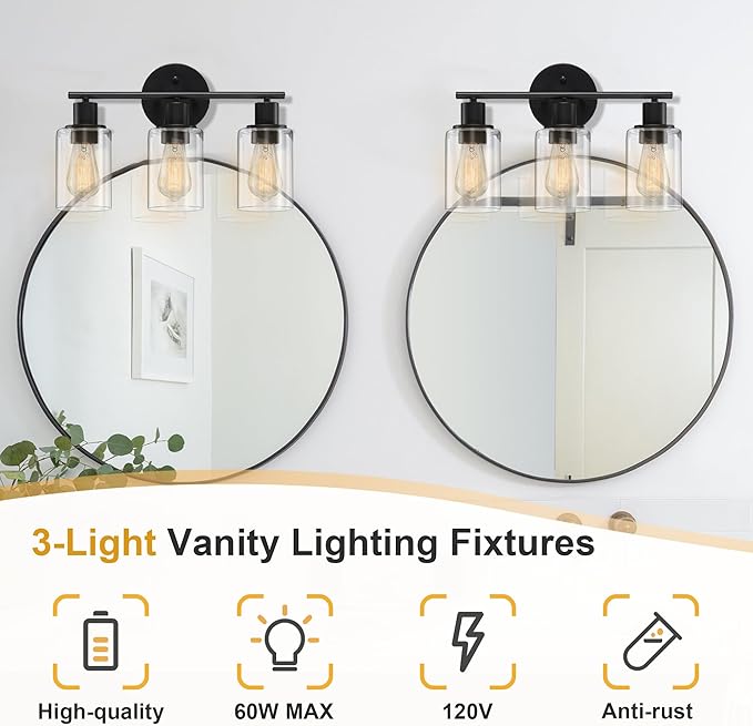 Pia Ricco Bathroom Vanity Light Fixtures, 3-Light Black Vanity Lights with Clear Glass Shades, Modern Wall Light Fixture Over Mirror, Bathroom Wall Sconces for Mirror Living Room Bedroom Hallway