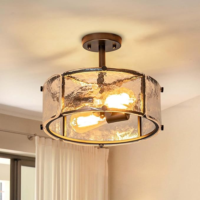 Black Semi Flush Mount Ceiling Light,12.8" Modern Small Dining Room Light Fixture, 2-Light Hammered Glass Farmhouse Ceiling Lights for Hallway Entryway Foyer Bedroom