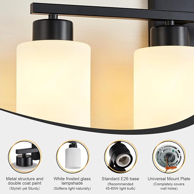 FonmYim Black Bathroom Light Fixtures, 5-Light Modern Vanity Light Over Mirror, Wall Sconces with Milky White Frosted Glass Shades, E26 Socket (Bulbs Not Included)