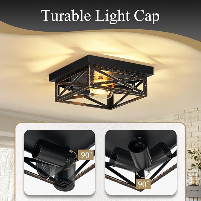 Black Flush Mount Ceiling Light Fixture,2-Light Square Rustic Vintage Metal Black Hallway Light Fixtures Ceiling for Farmhouse,Kitchen,Hall,Bedroom (2 Pack)