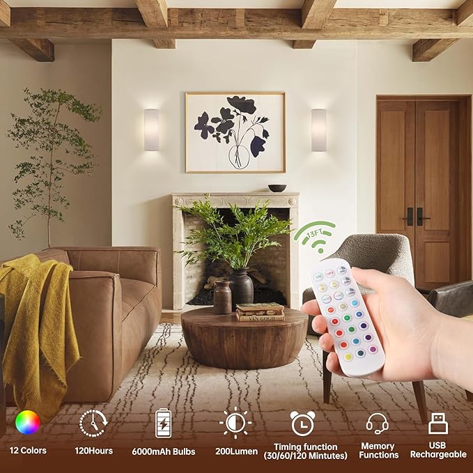 Shenmoyl Adhesive Battery Operated Wall Sconce Set of 2, 5000 mAh Battery Rechargeable Bulb with 12 RGB Colors, Stick on Wall Sconce No Drill Wall Lights, Linen