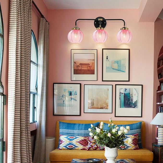 Modern Bathroom Light Fixture Pink Wall Lights with Ribbed Glass Shade 3-Lights Vintage Black Vanity Light Over Mirror Wall Sconce Decor Lighting Fixtures for Bath Farmhouse Bedroom