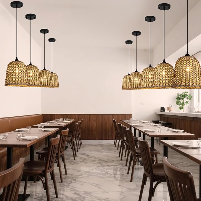 Mini Rattan Pendant Light Fixtures,9.5" Boho Pendant Light,3-Pack Hand Woven Seagrass Rattan Chandelier for Dining Living Bedroom Kitchen Farmhouse