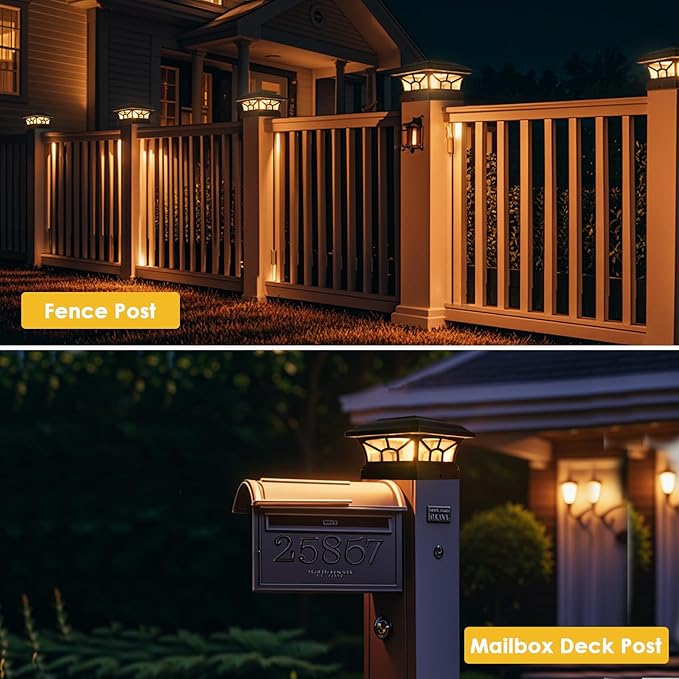 2 Pack Solar Post Cap Lights Outdoor Waterproof, Fits 4x4, 5x5, 6x6 Wooden & Vinyl Fence Decks with Warm & Cool White Light Modes (Classic Black, 2)