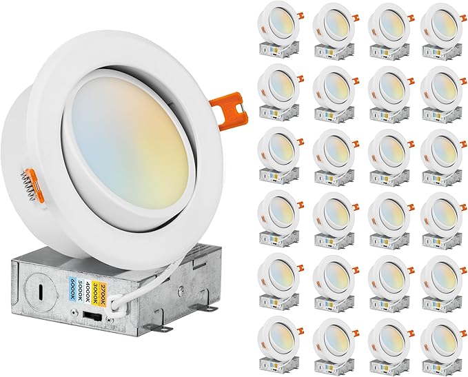 PROCURU [24-Pack] 4-Inch Gimbal Air-Tight LED 2700K-6000K 5CCT Color Selectable, Adjustable, Rotate & Swivel Ultra-Thin Recessed Ceiling Heavy Duty Downlight, Dimmable, IC Rated (VGB45W-24P)