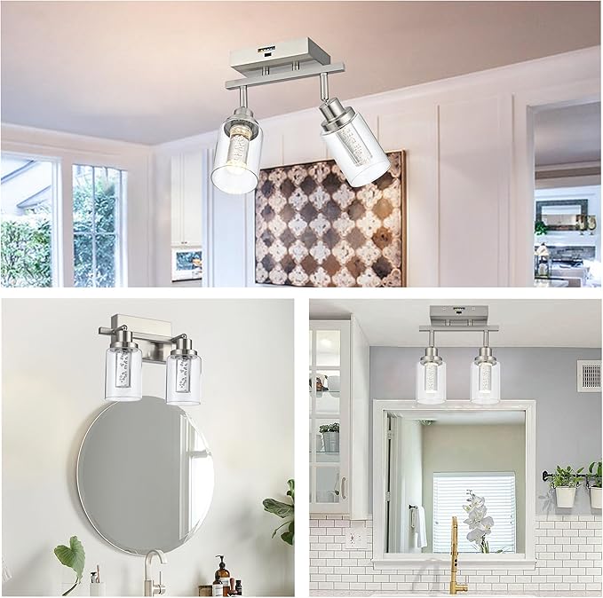 MELUCEE 2 Light Track Lighting Kit Brushed Nickel LED Kitchen Track Lighting Fixtures Ceiling Mount Rotatable Spotlight Bathroom Wall Scones with Clear Glass, Built-in LED Chips, 5-Color Temperature