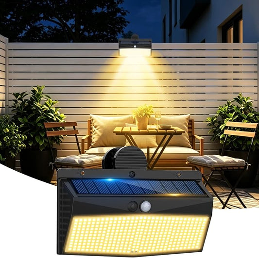 Peasur 368 LED Solar Lights Outdoor Motion Sensor, Fence Light with 3 Lighting Modes, Solar Powered Security Lights Waterproof for Outside Yard Deck Garden,Warm White