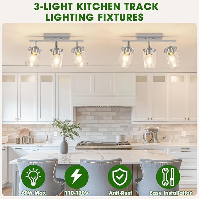 FadimiKoo 3-Lights Kitchen Light Fixtures Ceiling Mount, Brushed Nickel Adjustable Semi Flush Mount Ceiling Light with Clear Glass, Multi-Directional Track Spotlights for Kitchen Hallway Bathroom