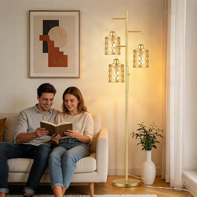 QiMH Gold Industrial Floor Lamps for Living Room, Modern Standing Lamp with Stepless Dimmable, 68" Tall Lamps for Bedroom Home Office, 3 LED Bulbs Included