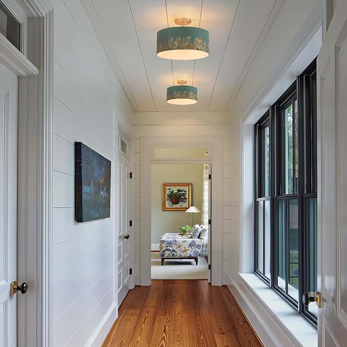 14.96" Modern Vintage Semi Flush Mount Ceiling Light,3-Light Blue Ceiling Light Fixture with Hand-Brushed Gold Finish,Dimmable Hallway Light Fixtures for Bedroom,Kitchen,Entryway,Foyer