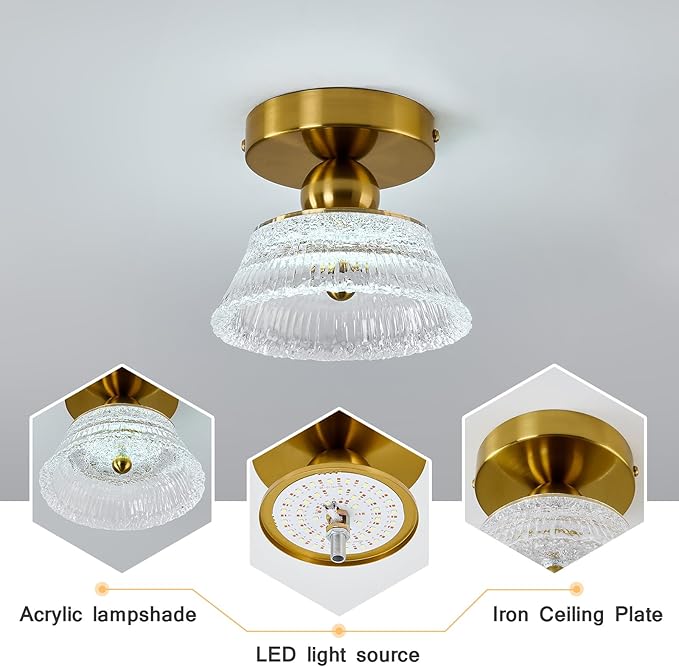 CVKASH Mini Gold Semi Flush Mount Ciling Light LED Modern Hallway Light Fixture Acrylic Close to Ceiling Lamp for Kitchen Living Room Bathroom Entryway Bedroom