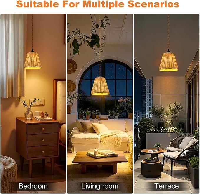 Pendant Light Hanging Lights 15ft Plug in Pendant Light - Hanging Light with On Off Switch Plug in Cord Pendant Light Fixture E26 E27 Light SocketCord for Bedroom Living Room ( 4-Wicker Lampshade)