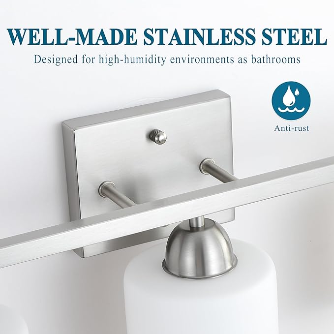 Mecgirn Stainless Steel Milk Glass Vanity Lights for Bathroom, 3 Light Brushed Nickel Bathroom Light Fixtures Over Mirror, Ceramic E26 Sockets Wall Mounted