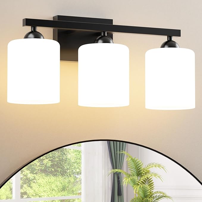 Quntis Black Bathroom Light Fixtures Over Mirror 5 Colors Adjustable, 3 Lights LED Bathroom Vanity Lighting with Milky White Frosted Glass Shade, Energy-Saving LED Vanity Light 18.9 inch