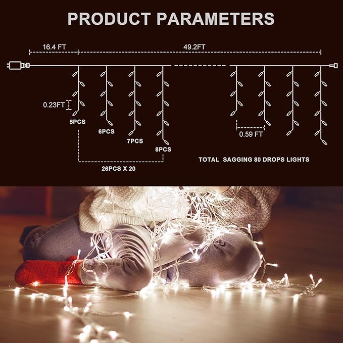 Icicle Christmas Lights Outdoor,520 LED 49.2FT 8 Modes with 80 Drops Cool White Icicle Lights,Remote Control Outdoor Indoor Fairy String Lights for Christmas Party,Holiday Decorations