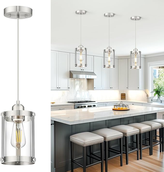 Brushed Nickel Pendant Lights Kitchen Island, 1-Light Modern Mini Hanging Light Fixtures with Clear Glass, Farmhouse Kitchen Pendant Lighting Over Island for Sink, OS-3014-1PBN