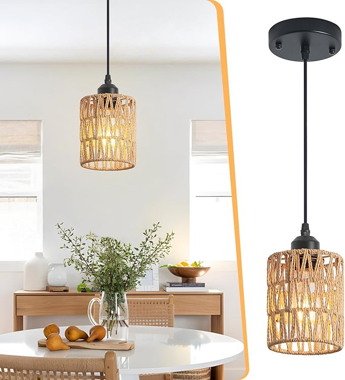 Rattan Chandelier Pendant Lights Kitchen Island,Farmhouse Boho Chandeliers Adjustable Height Hanging lamp for Dining Room,Small Kitchen Ceiling Light Fixtures with Hand Woven Wicker Lampshade