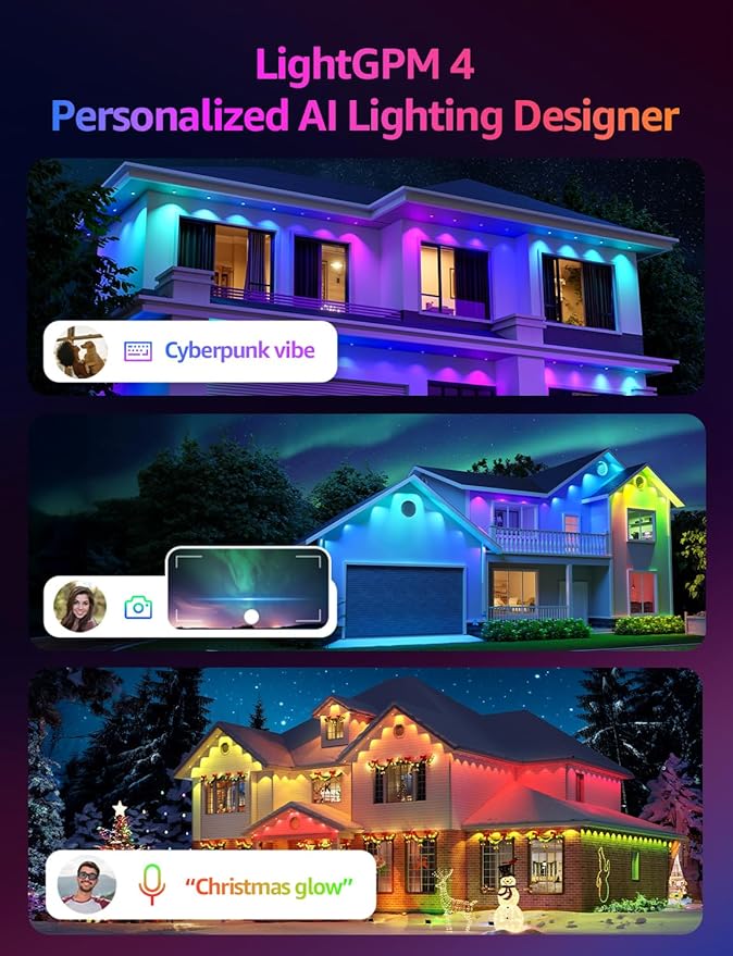 Lepro EE1 AI Permanent Outdoor Lights with Dual-Output, 50ft 30 LED RGB+IC Smart Outside Light for House Christmas Decor,Alexa Google Enabled 2.4 GHz WiFi/Bluetooth, APP Control No Remote Controller