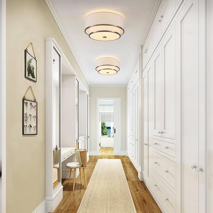 Luupyia 15.75 Inches Fabric Drum Ceiling Light, 3-Lights White Simple Semi Flush Mount Ceiling Lights with Double Fabric Shade, Drum Overhead Lighting for Bedroom Hallway Living Room E26, 60W