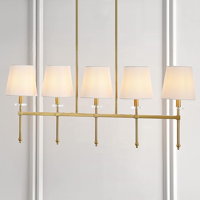 JONATHAN Y 38.5" Brass Gold 5-Light Iron Linear Pendant, Modern Midcentury Chandelier with White Linen Shades for Kitchen Island Dining Room, LED Bulbs Included JYL9919A
