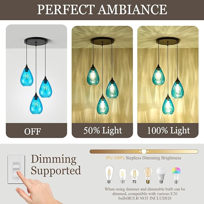 Blue 3-Light Pendant Lighting, Modern Dining Room Light Fixture Over Table with Hammered Glass, Cluster Hanging Lights for Kitchen Island Dining Room