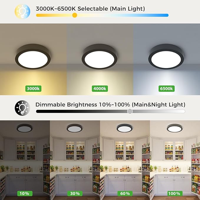 zemty 7 Inch LED Ceiling Light with Night Light 1800K, 3000K/4000K/6500K Dimmable Light Fixtures with Remote Control,12W 1200lm Flush Mount Ceiling Lamp for Bedroom LivingRoom Bathroom Kitchen-Black