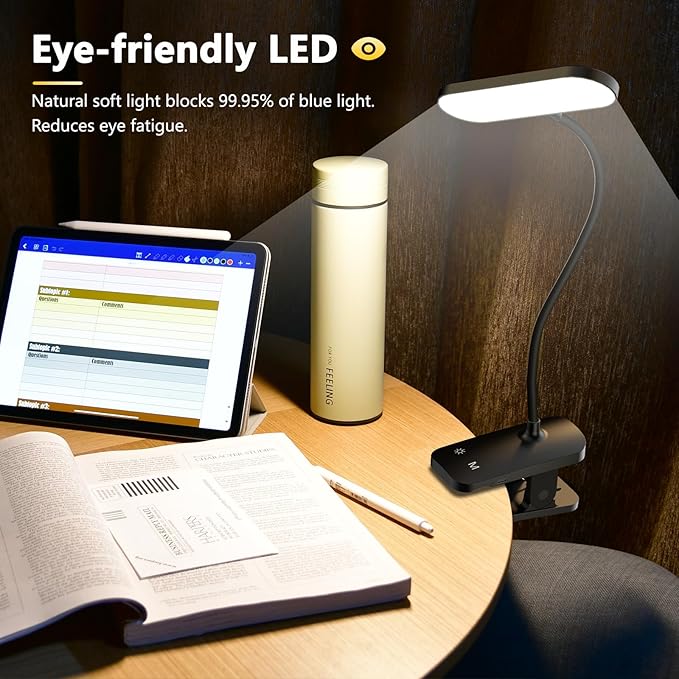 Clip on Desk Lamp, Battery Powered Reading Light with Strong Clamp - 5 Colors 5 Brightness, USB Rechargeable Portable Cordless Book Lamp for Bed Headboard Table Bedside Home Office