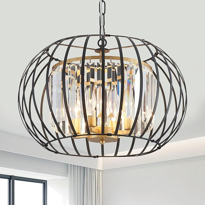 Black Gold Crystal Chandeliers 17.7" Modern 4-Light Cage Pendant Lighting Fixture Adjustable Farmhouse Round Chandeliers for Dining Room Bedroom Kitchen Island Hallway Foyer