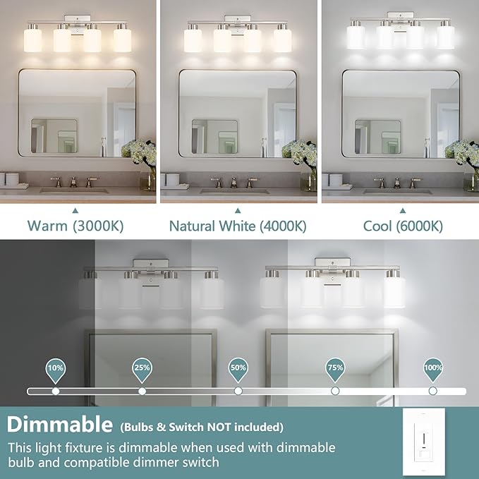Brushed Nickel Bathroom Light Fixtures, 4-Light Modern Vanity Lights with Milky White Frosted Glass Shades, Wall Sconces for Mirror, Bathroom, Restroom (E26 Socket)