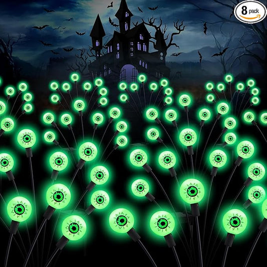 ASMAD Halloween Decorations Outdoor Solar Scary Eyeball Lights, 8Pack 64LEDs Green Eyeball Swaying Firefly Light, Waterproof Halloween Path Lights for Garden/Yard/Patio/Party Decor
