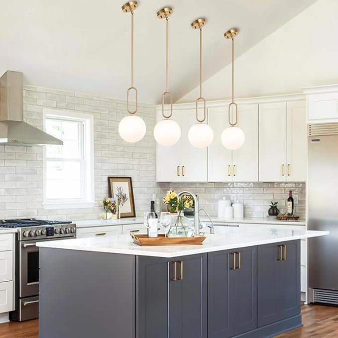 Modern Gold Globe Pendant Light White Globe Glass Shade Brushed Brass Finished Adjustable Rods Hanging Light Fixtures for Kitchen Island Living Room
