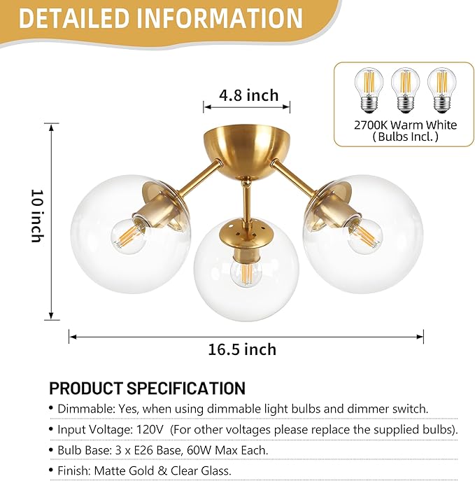 Mid-Century Modern Semi Flush Mount Ceiling Light 3 Lights Clear Glass Modern Globe Ceiling Light Gold Brass Sputnik Chandeliers for Hallway Entryway Kitchen Bedroom Laundry(Bulb Incl.)