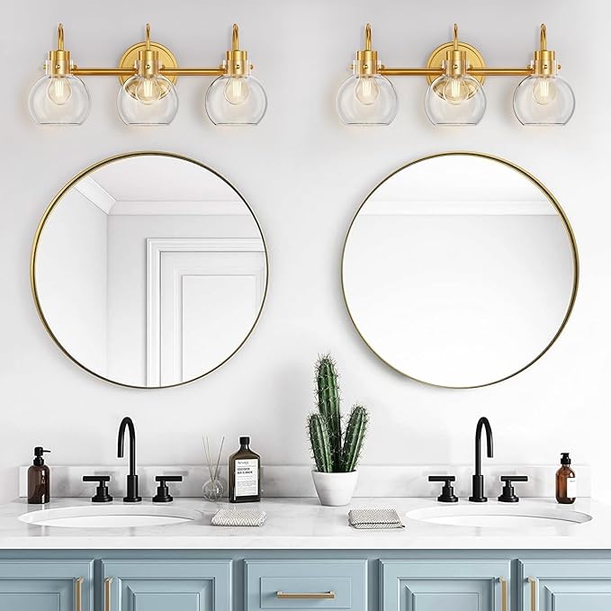 3-Light Vanity Light, Brushed Brass Bathroom Light Fixtures, Farmhouse Wall Sconces with Globe Clear Glass Shade, Porch Wall Mount Lamp for Mirror, Kitchen, Porch, Living Room, Workshop (E26 Base)