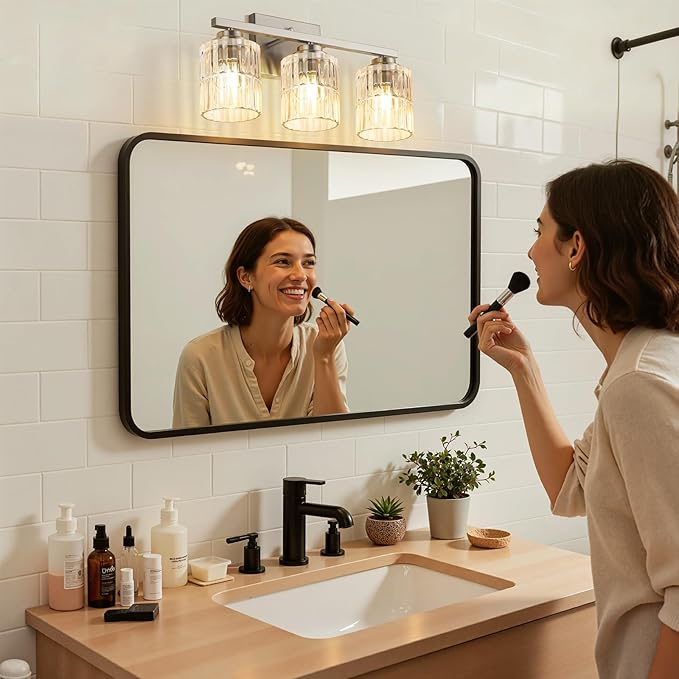 TALOYA 19 Inch Bathroom Light Fixtures,Modern 3-Light Brushed Nickel Vanity Lights with Wide Vertical Ribbed Thickened Glass Shade Wall Sconces for Mirror Makeup Room Hallway（Bulbs Not Included）